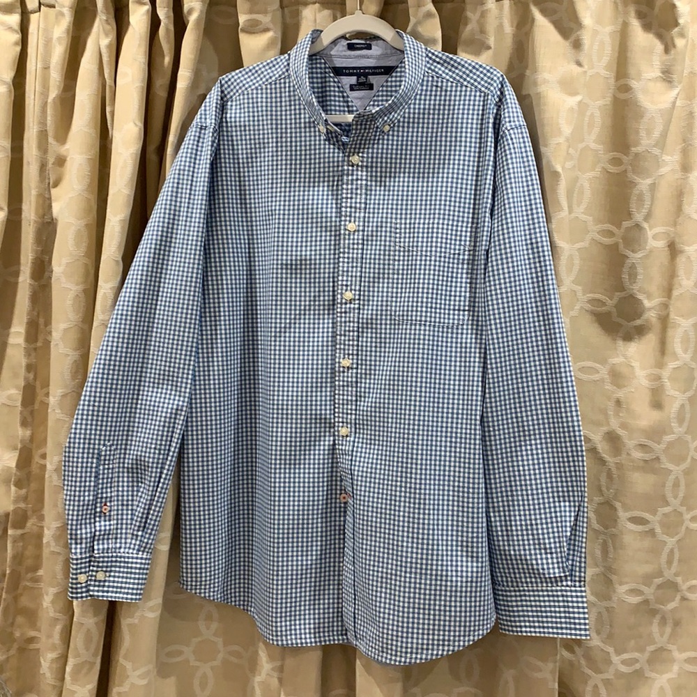 Tommy Hilfiger Men’s Blue and White Checked Shirt
